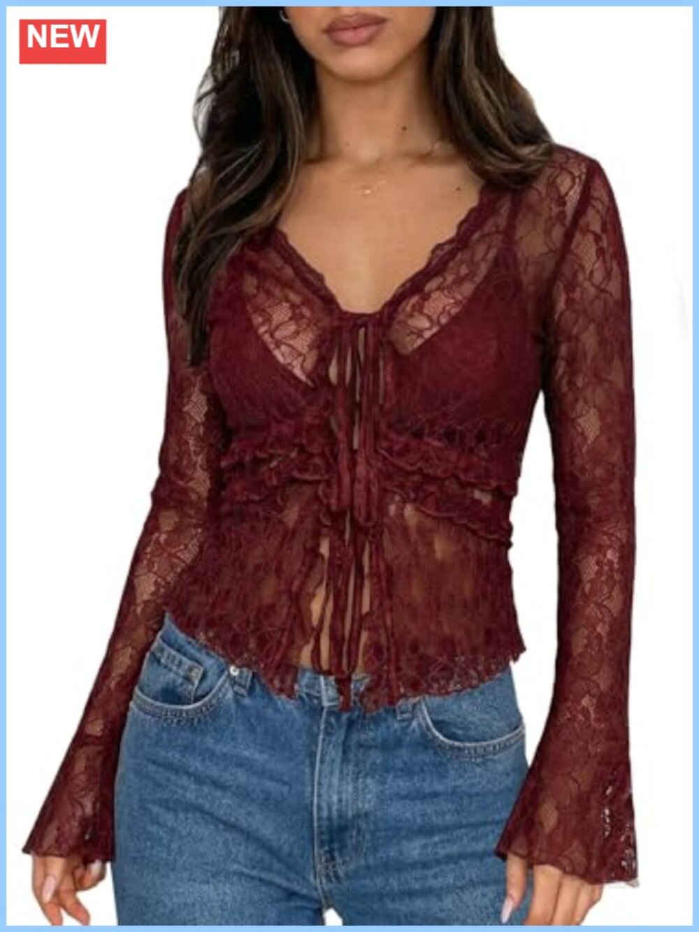 Lace Mesh Sheer Bell Sleeve Tie Front V Neck Crop Top Y2K Ruffled Hem